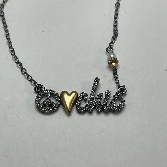 Chico's necklace costume signed jewelry Gunmetal gray pendant PEACE LOVE CHiC - Picture 1 of 12
